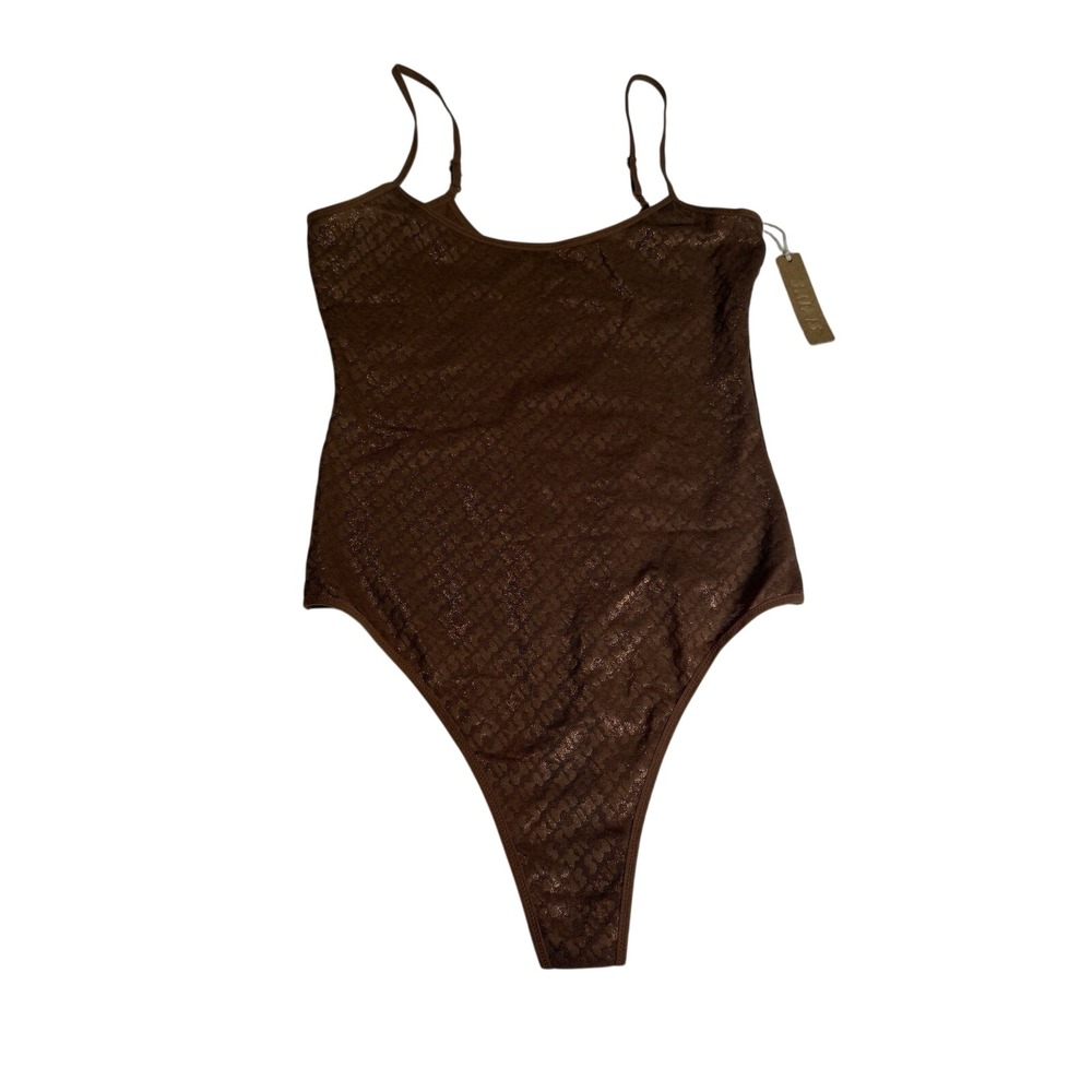Skims Shine Cami Bodysuit Women‎ XS Sienna Brown NEW Monogram Logo Metallic
